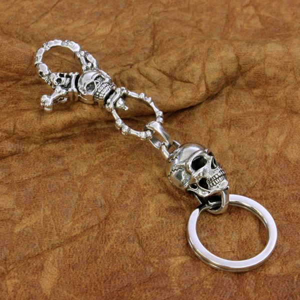 

925 sterling silver high detail skull keyring mens biker punk keychain ta201, Slivery;golden