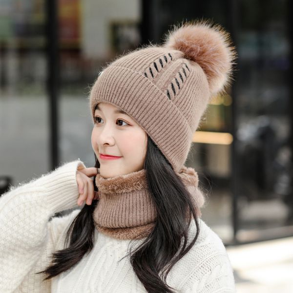 

осень зима 2020 трикотаж 2 шт наборы hat и шарф женщины pom pom ребристых beanie руно кольцо шарфы шея подогреватели корейских моды, Blue;gray