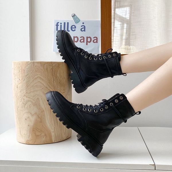 

shoes fashion boots woman booties ladies boots-women flat heel lace up round toe punk autumn 2020 mid-calf rubber rock med lolit, Black