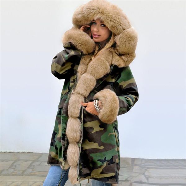 

thick hooded ladies outerwear womens coats with fur womens winter designer jacket camouflage printed parkas fashion, Black