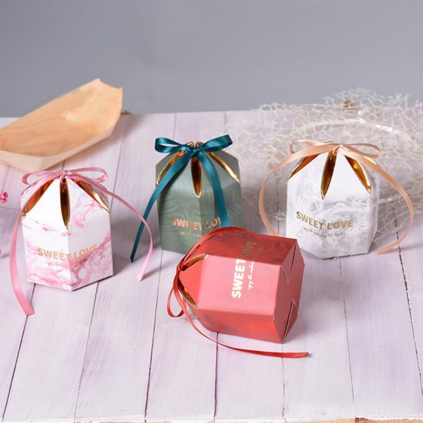 

50cs/set hexagon yurt style gift box packaging wedding favors gifts candy boxes with ribbon baby shower wedding party supplies