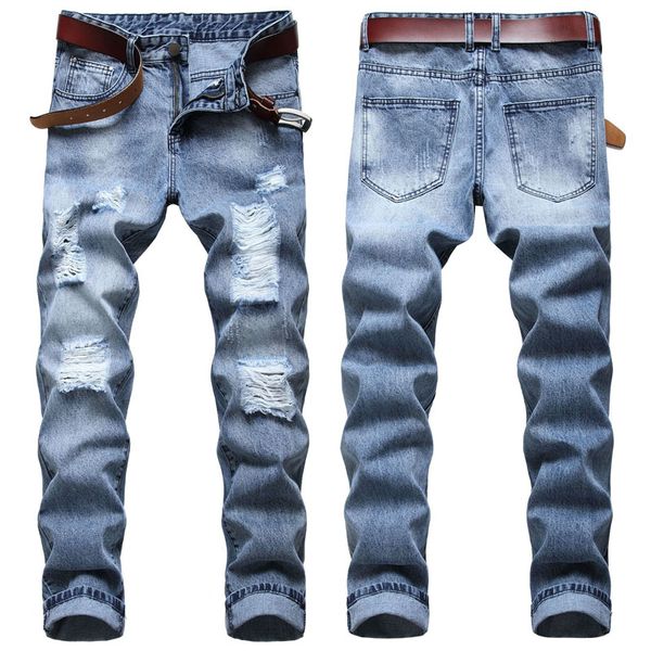 

men's jeans fashion men ripped straight blue frayed slim fit pant casual