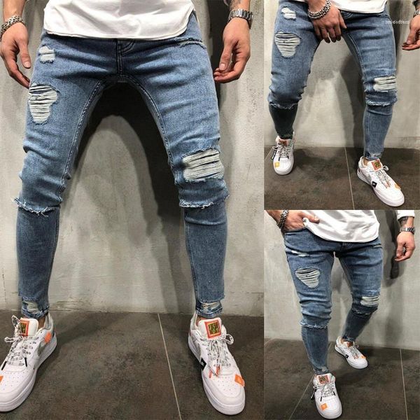 

blue jeans fashion stretch long pencil designer pants mid waist zipper fly mens trousers mens hole