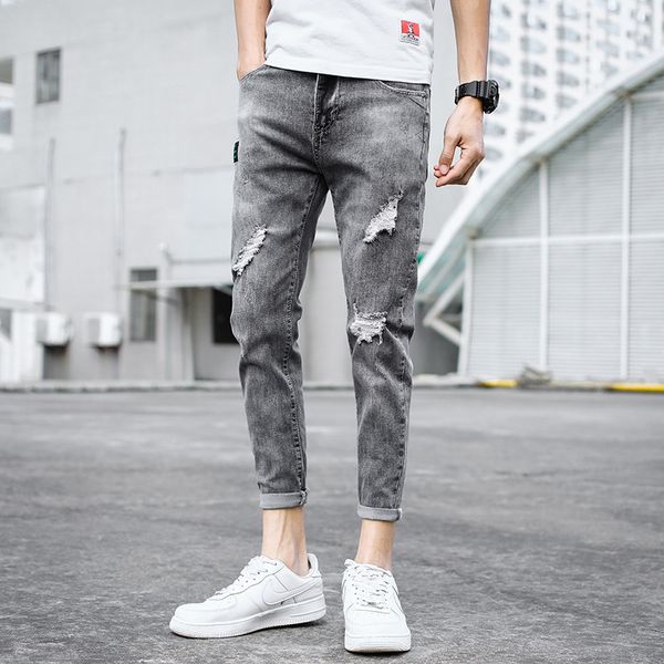 

men's jeans denim slim feet 2021 summer thin trousers korean casual men fashion ripped grey ankle length pencil pants, Blue