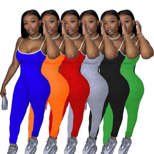 

2xl summer women solid color sling jumpsuits casual fitness rompers sleeveless black skinny bodysuits grey sports stack pants leggings 3638, Black;gray