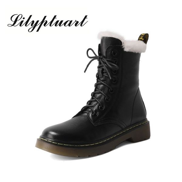 

boots genuine leather snow women warm wool winter female shoes lace up fashion thick fur ankle, Black