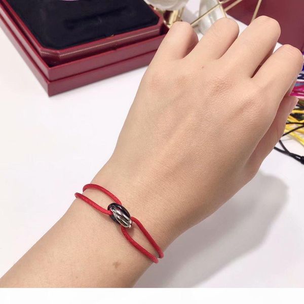 

europe america fashion lady women charity version colored pull-type nylon cord rope bracelet 18k gold engraved letter three rings charm, Golden;silver