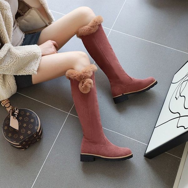 

boots women female winter flock shoes woman fur warm snow fashion square med heels knee high black maziao