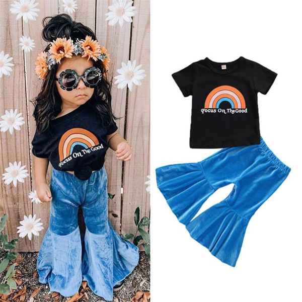 

new summer 2pcs toddler infant clothes set cartoon rainbow letter print+velvet flares pants toddler infant party outfits, White