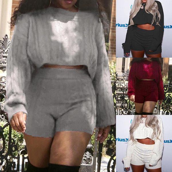 

knitted suits for women tracksuit long sleeve crop sweater bodycon shorts two pieces set dresy damskie club outfits, Gray