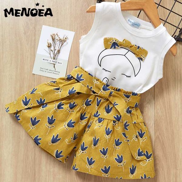 

menoea clothing sets cartoon print girls clothes sleeveless bow t-shirt+print shorts 2pcs for kids clothing sets baby girl suit, White