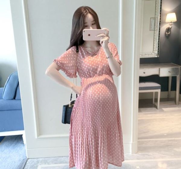 

fashion hipster summer polka dot pregnant women dress fashion long section short sleeve loose maternity skirt chiffon maternity, White