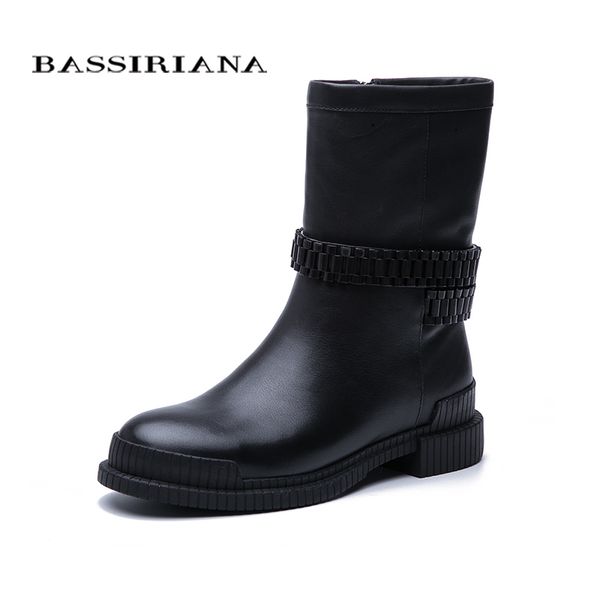 

bassiriana 2020 winter new women's leather boots warm fur rubber anti-slip bottom european fashion news, Black