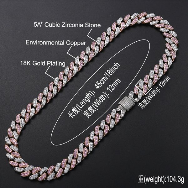 

2020 12mm 18k gold color plated iced out cz lab diamond miami mens cuban choker link chain necklace, Silver
