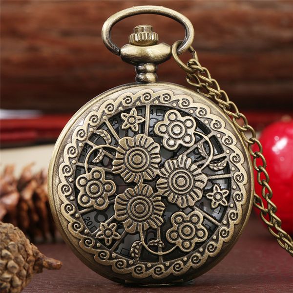 

antique hollow out flower pattern quartz pocket watch analog display clock for men women lady with 80cm necklace chain gift, Slivery;golden