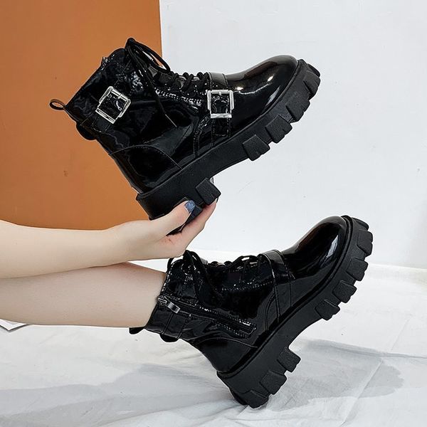 

women winter nakle boots round toe zip 5cm heel wedges boots for woman fashion buckle shoes botas mujer size 35-40, Black