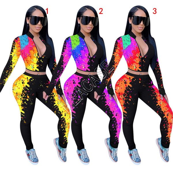 

женщины tracksuit дизайнер граффити tie-краситель печати с длинным рукавом на молнии воротник куртки пальто брюки леггинсы двухкусочный повс, White