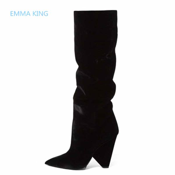 

new luxury black flock women long knight boots pointed toe spike heels designer party shoes woman winter fashion knee high boots