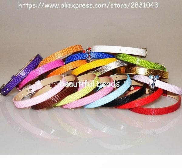 

wholesale 100pcs diy accessories fit 8mm slide charms snake pu leather wristband mix color 8mm wide 210mm length, Golden;silver
