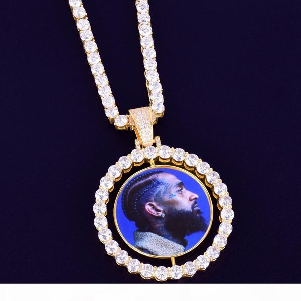 

custom made p rotating double-sided medallions pendant necklace tennis chain zircon men's hip hop jewelry 2x1.65 inch, Silver