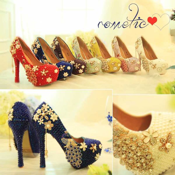 

big size 14cm high heels platform shoes women wedding shoes bride high pumps real leather insole luxury peacock crystal, Black