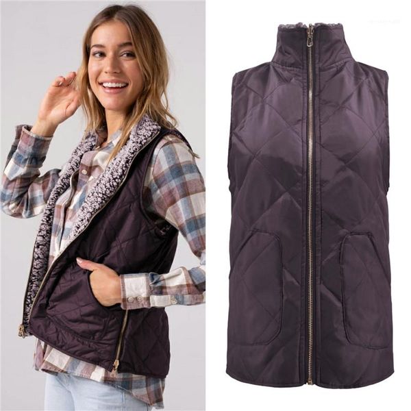 

outerwear sleeveless plush coats with pockets and zipper women autumn winter fleece vest casual lapel neck, Black;white