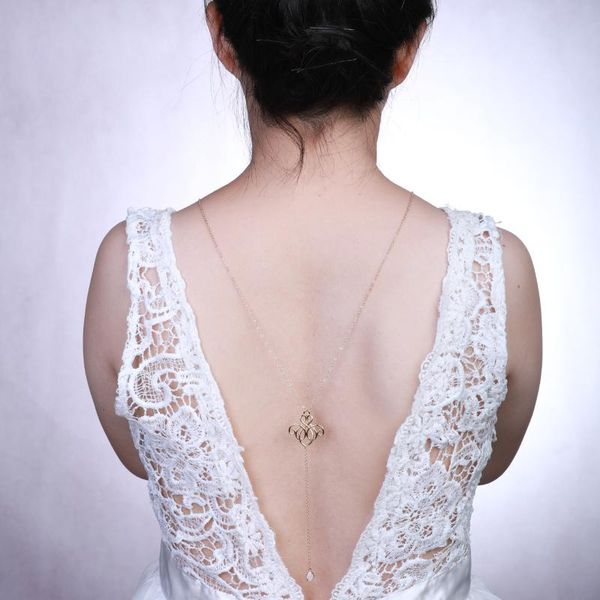 

gold vintage chinese knot french antique character body back necklace pendant body chain jewelry open back dress accessories, Silver