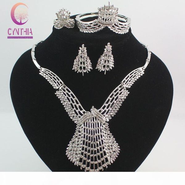 

fashion dubai gold silver plated crystal jewelry sets costume big design nigerian necklace earrings bracelet ring wedding african beads jew, Black