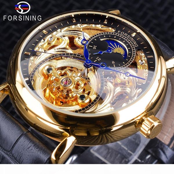 

forsining golden skeleton clock male moon phase fashion blue hands waterproof men's automatic watches top, Slivery;brown