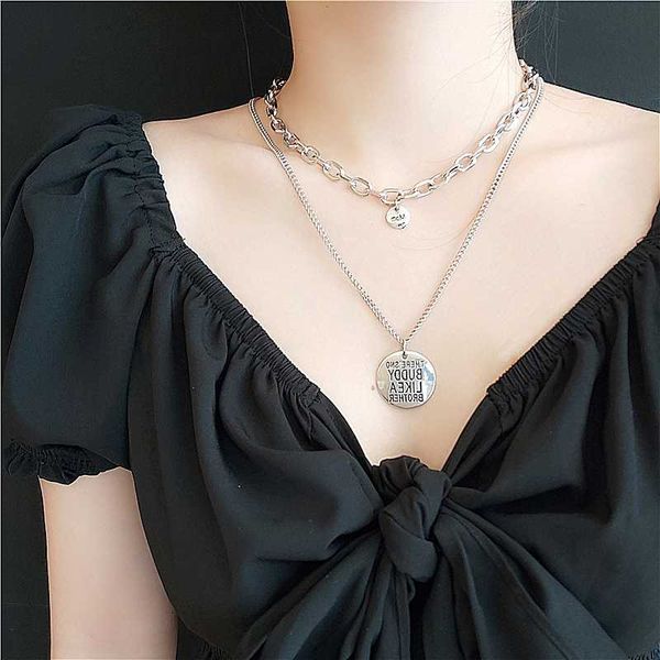 

xiaoboacc 3pcs/set korean fashion letter circle pendant multi-layer necklace collarbone chain, Silver