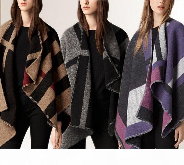 

2017 new fashion women oversize cardigan colour check blanket poncho wool plain cape for lady ing, Blue;gray