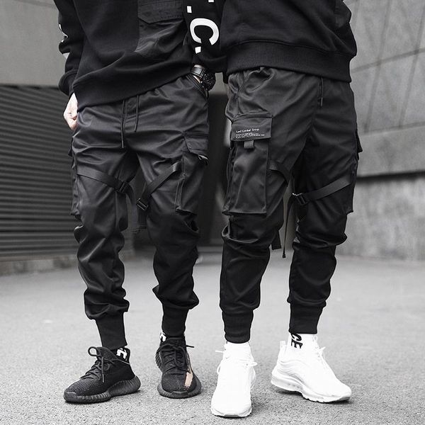 

men ribbons color block black pocket cargo pants harem joggers harajuku sweatpant hip hop trousers, White;black