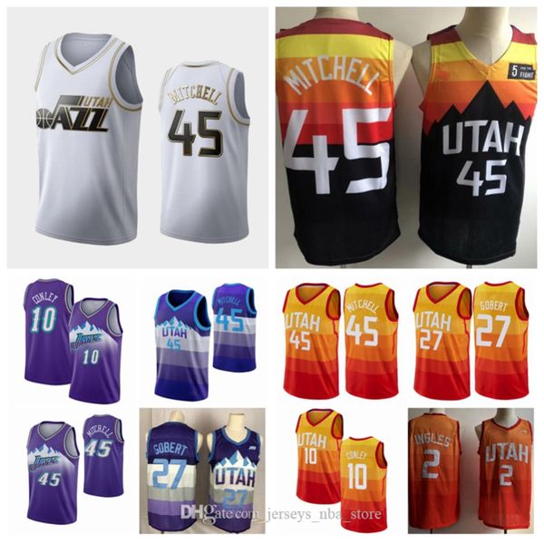 

men youth utah jazz donovan mitchell 27 gobert 10 conley 2 ingles orange 2019/20 city edition nba player jersey01, Black;red