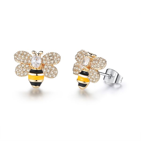 

women brand fashion cute crystal bees stud earrings female vintage pearl earrings enamel animal jewelry wedding brincos accessories, Golden;silver