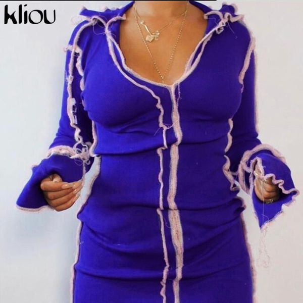 

kliou v-neck side slit long flare sleeve skinny solid mini dress women bodycon casual streetwear 2020 fashion autumn clothing, Black;gray