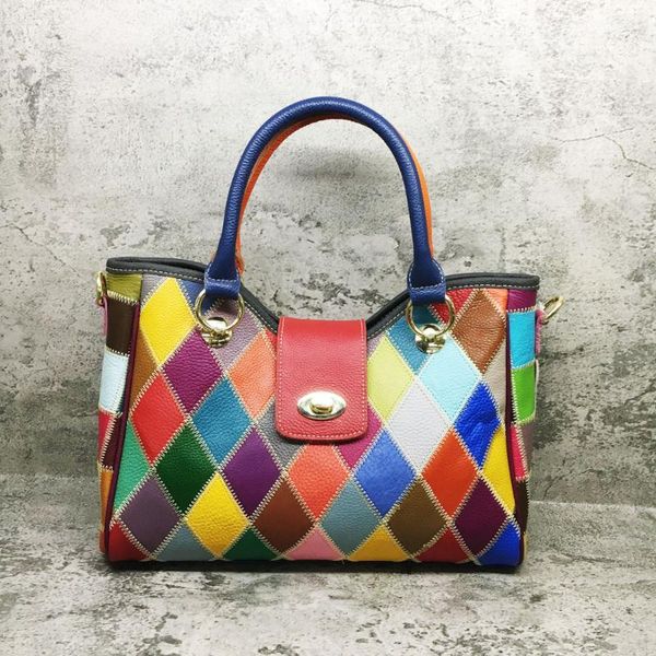 

women's cow leather bag shoulder bag plaid color matching leather portable messenger european and american style