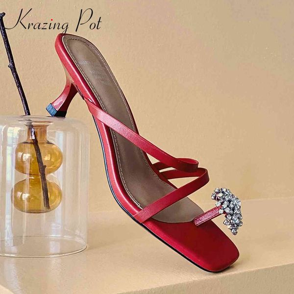 

krazing pot real leatherrhinestone decorations modern maiden thin high heel slip on shoes slingback flip flop sandals women l52, Black