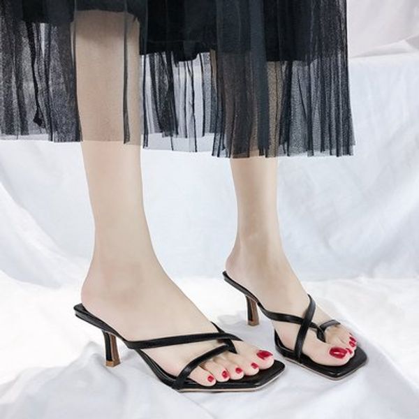 

2020 summer new women's shoes fashion high-heeled slippers women's outer wear toe square head with roman thin belt cool drag, Black