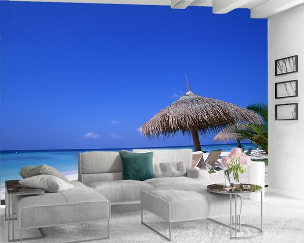 Moderne 3D-Tapete, romantische Landschaft, 3D-Tapete, Strohhaus, schöner Strand-Lounge-Sessel, individuelle 3D-Fototapete, Heimdekoration