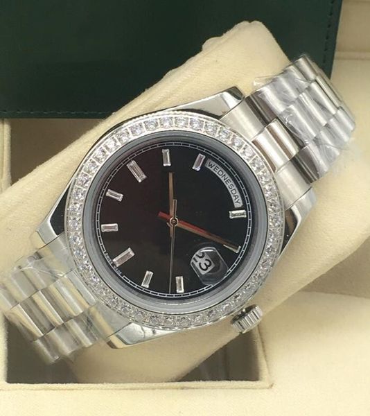 

watches mechanical diamond bezel 18k white gold blue black white gold dial 41mm automatic steel fashion men's wristwatches, Slivery;brown