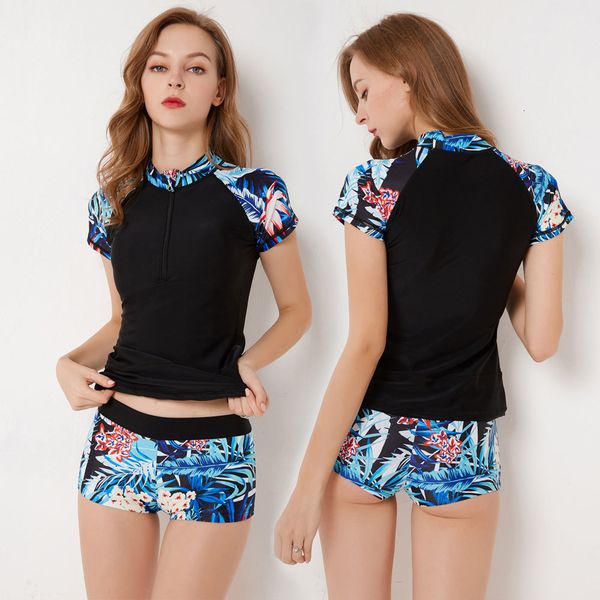 

women's two piece rash guard short sleeve printed uv rashguard swimsuits colorblock swim shirt padded surfing athletic swimwear