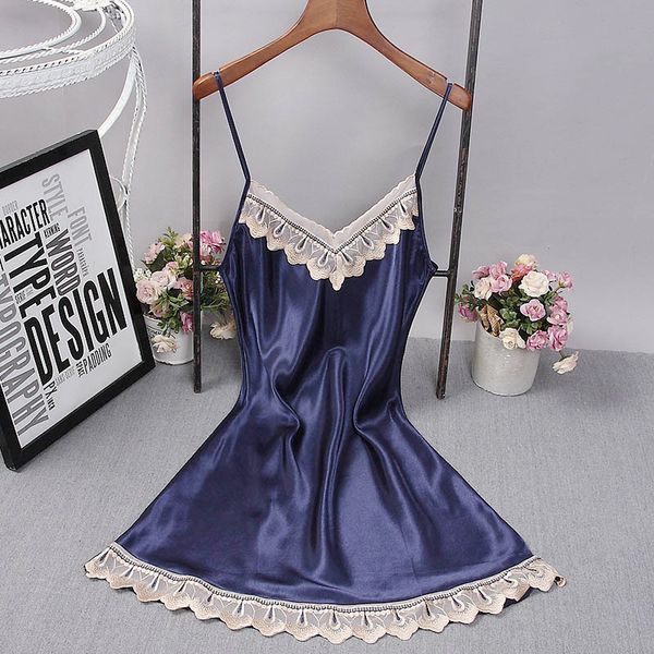 

women's sleepwear silk women v-neck nightdress satin nightgown sleeveless lingerie night dress summer patchwork home #f, Black;red