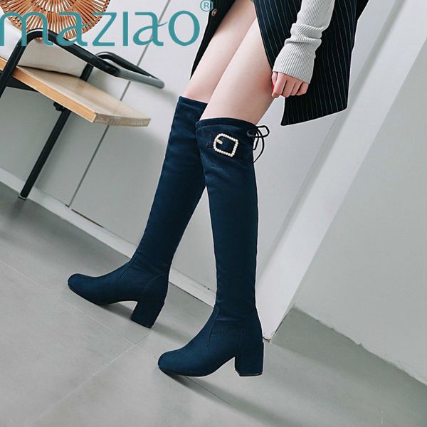 

boots buckle flock thigh string bead thick high heel sweet platform side slip on over the knee shoes woman maziao, Black