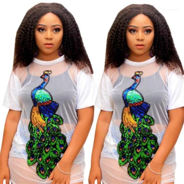 

neck short sleeve fashion feamle clothing plus size casual apparel womens summer designer perspective tshirts gauze panelled peacock crew, White