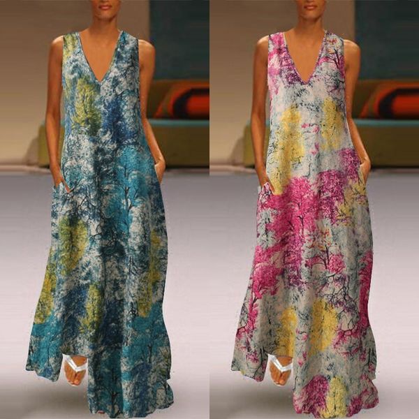 

zanza-maxivestido плюс размер, женщины, случайные печать, лето 2020, богемный стиль, без рукавов, пляж, v-образным вырезом, Black;gray