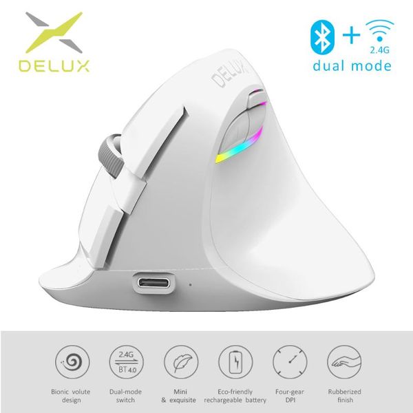 

delux m618 mini wireless white mouse bluetooth 4.0+2.4ghz dual mode ergonomic rechargeable silent click vertical mice for pc