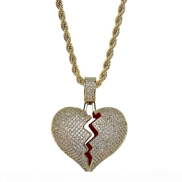 

solid broken heart necklace & pendant new men women hip hop jewelry bling cubic zircon gold color with rope chain for gift, Silver