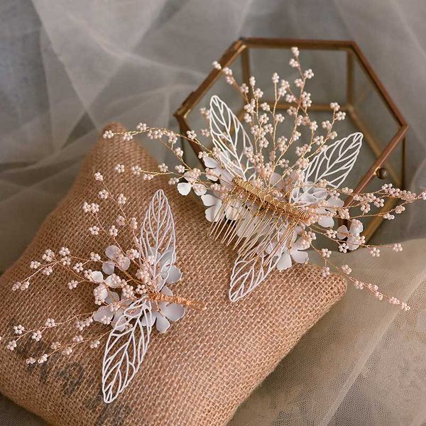 

2pcs hairpin crystal flower hair comb headpiece exquisite wedding hair jewelry bridal pearls accessories white leaf tiaras, Golden;silver