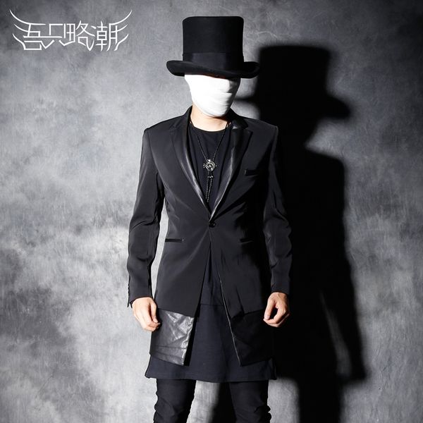 

xs-6xl men's new fashion slim spring autumn male multi-layer patchwork personalized medium-long suit singer costumes clothing, White;black