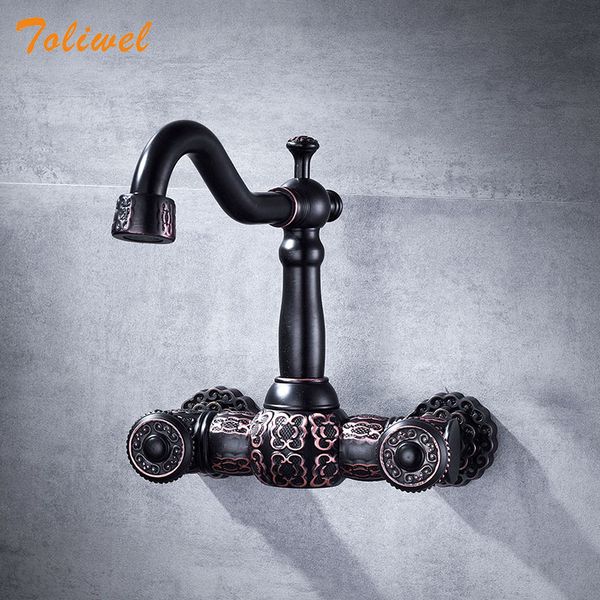 

классический стиль ванной кран черный латунь кухонный кран смесителя смеситель настенный кронштейн двойной ручкой горячей и холодной отводы